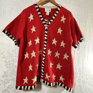 Quacker Factory Sweater Large Red Star Stripe Sequin Flag Cardigan Short Sleeve